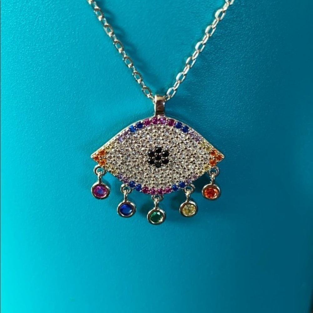 New Silver rainbow dangling CZ Evil Eye Necklace 16”